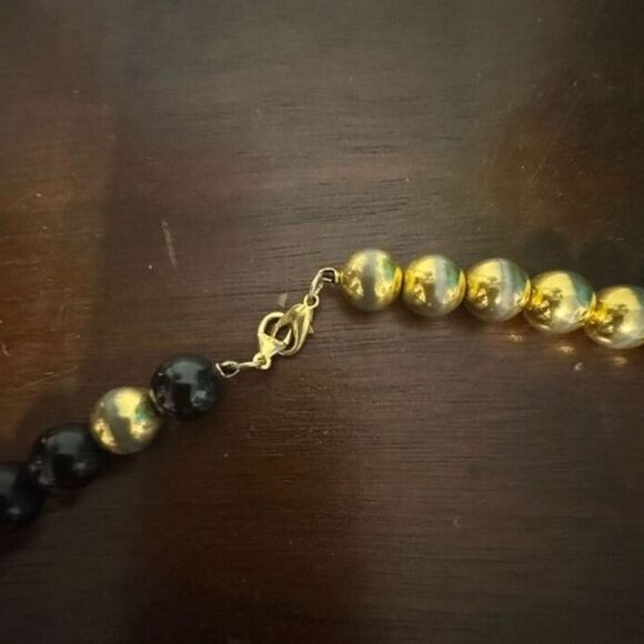 80s Vintage Women Chunky Black Gold Tone Beaded Matinee Opera Necklace Cleopatra - Picture 5 of 6